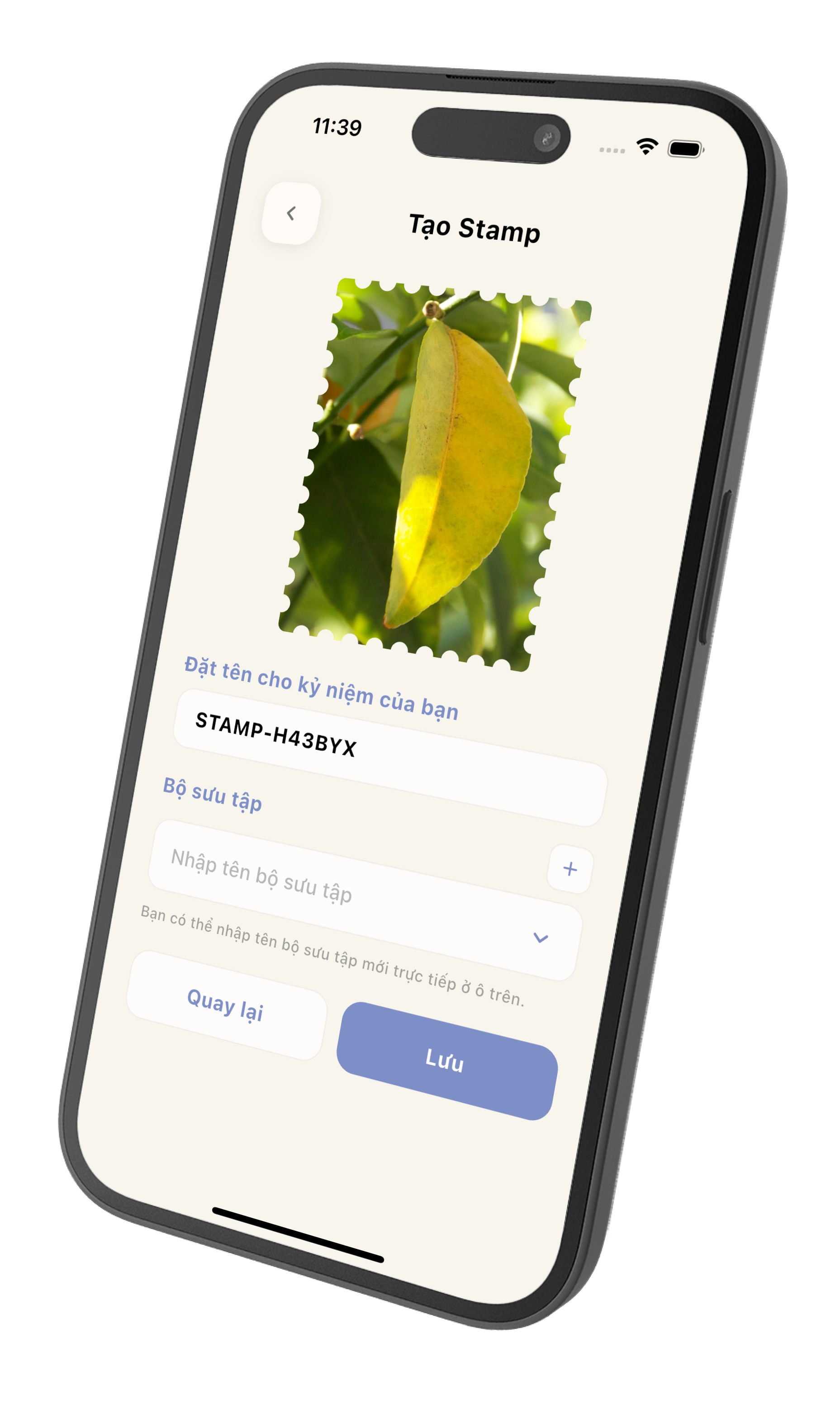 Màn hình tạo tem và lưu vào bộ sưu tập trong StampNest
