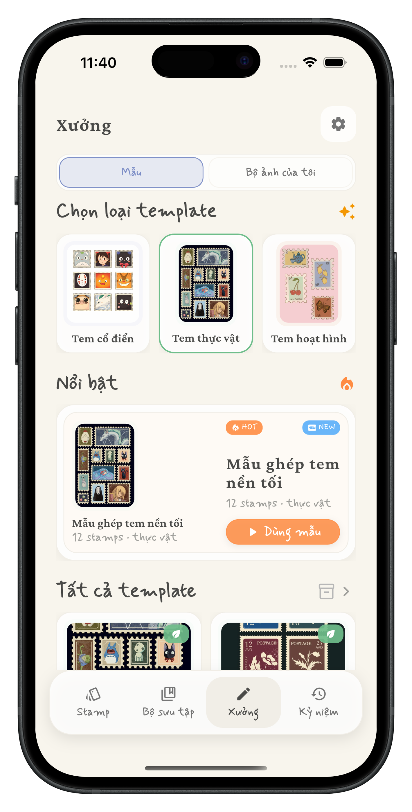 Màn hình chọn template trong xưởng sáng tạo StampNest